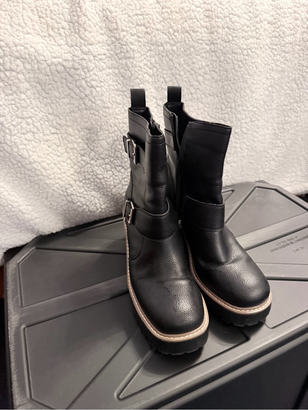 Black Leather Ankle Combat Boots with Buckle Detail